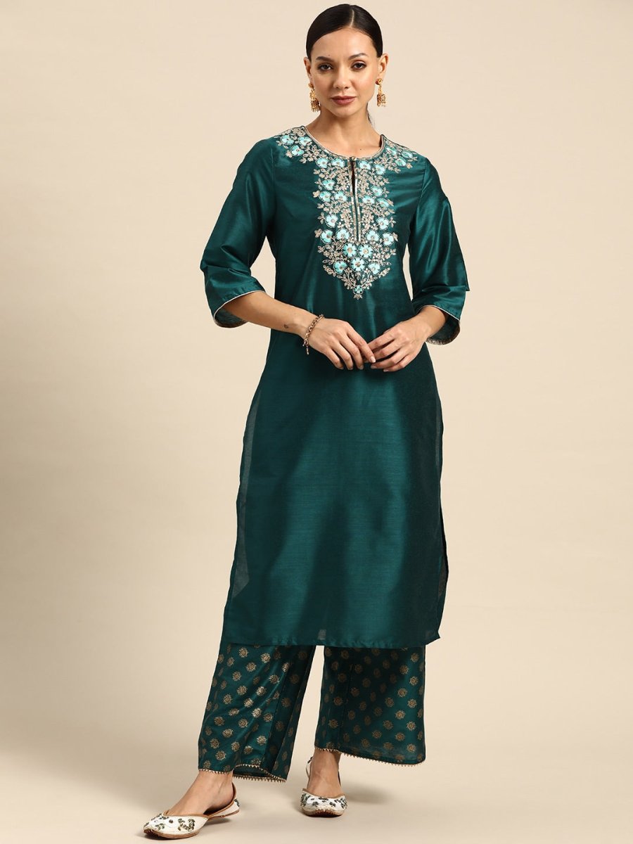 All About You Ethnic Motifs Embroidered Yoke Design Regular Sequinned Kurta with Palazzos