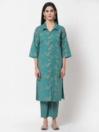 Myshka Women's Green Cotton Printed Half Sleeve Casual Kurta & Pant Set