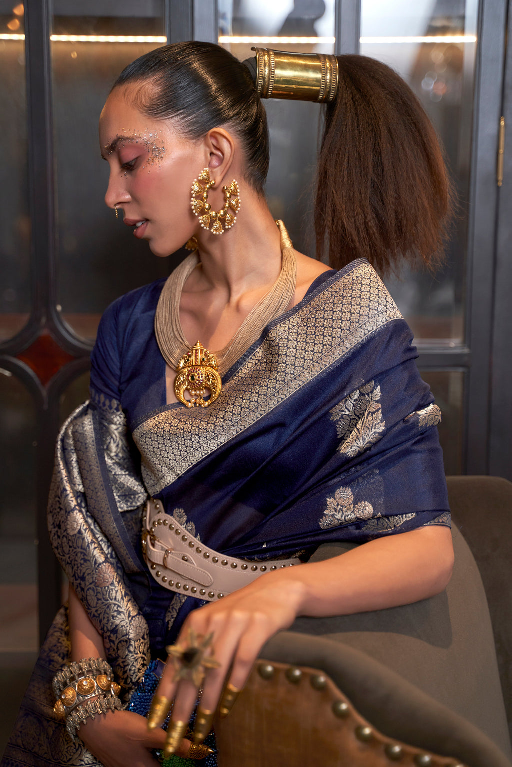 Monjolika Fashion Navy Blue Color Handloom Khadi Georgette Tradtional Saree