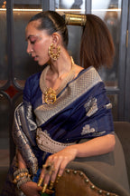 Monjolika Fashion Navy Blue Color Handloom Khadi Georgette Tradtional Saree