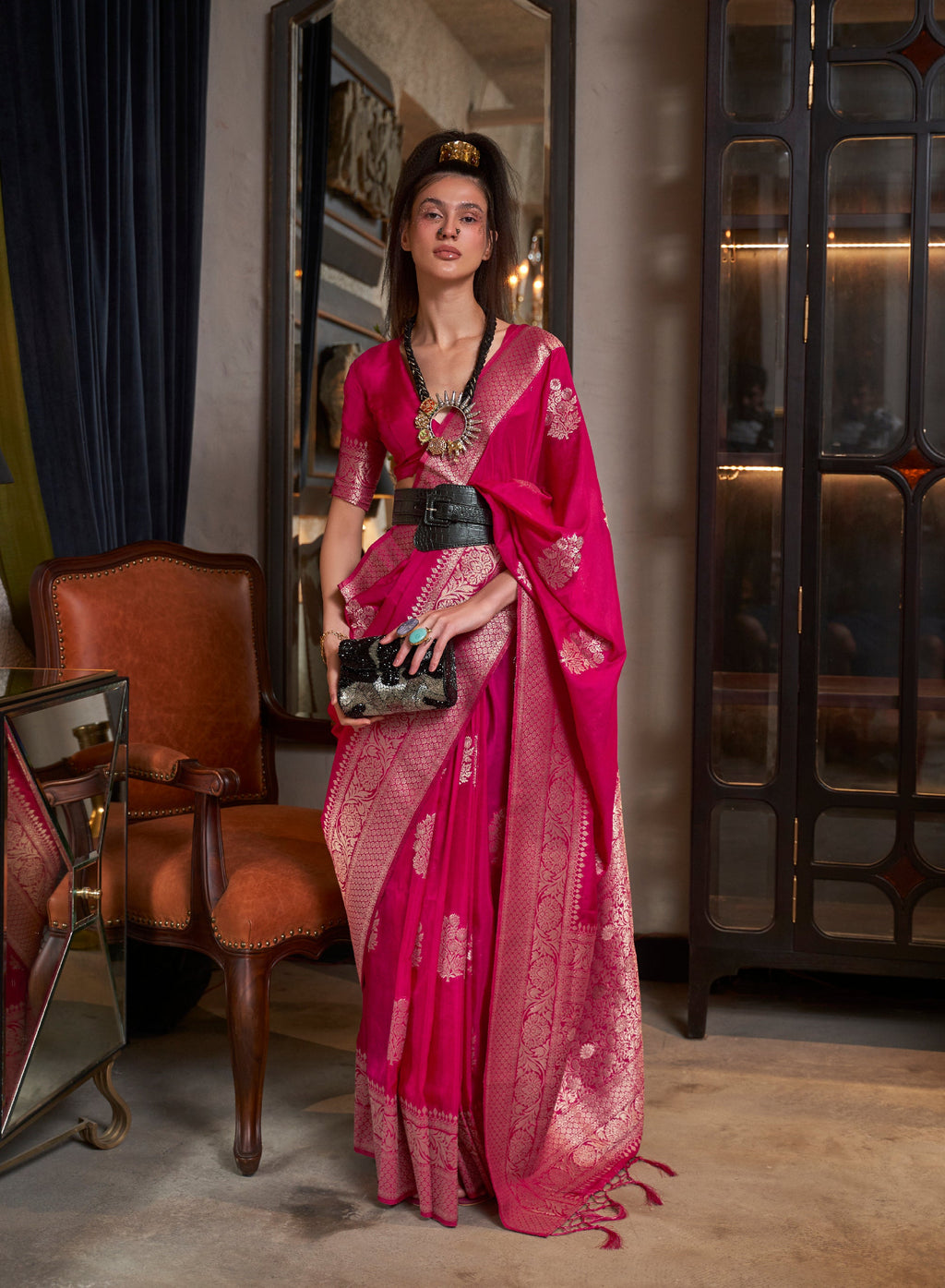 Monjolika Fashion Rani Pink Color Handloom Khadi Georgette Tradtional Saree - Distacart