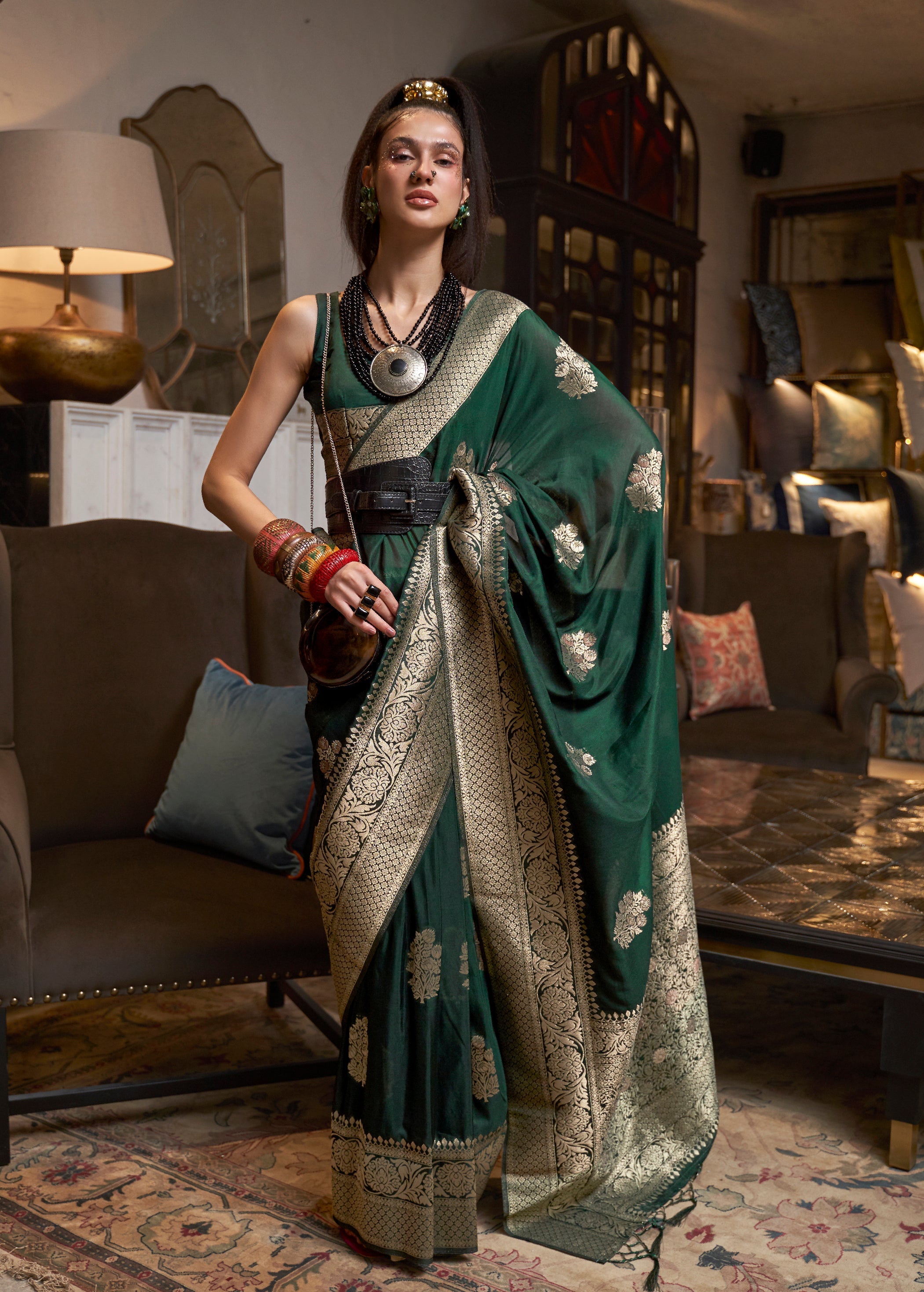 Monjolika Fashion Dark Green Color Handloom Khadi Georgette Tradtional Saree - Distacart