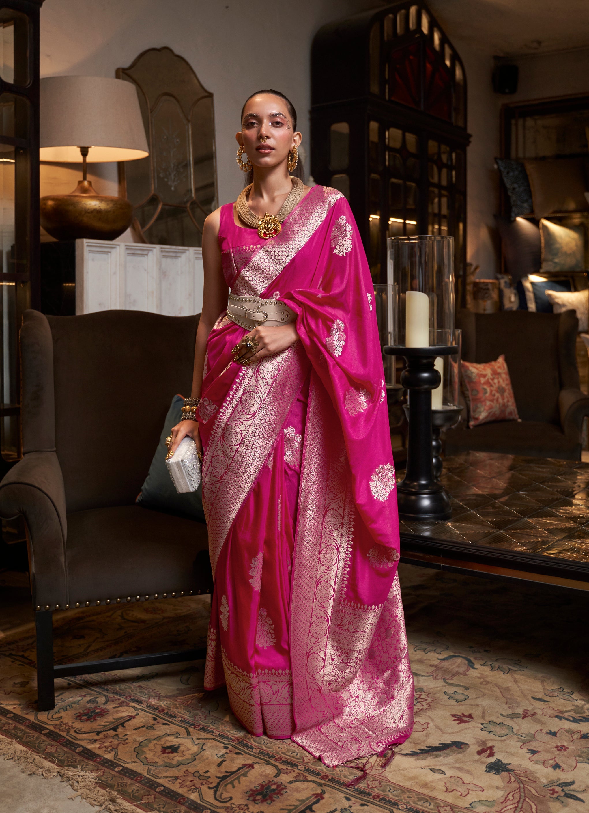 Monjolika Fashion Rani Pink Color Handloom Khadi Georgette Tradtional Saree - Distacart