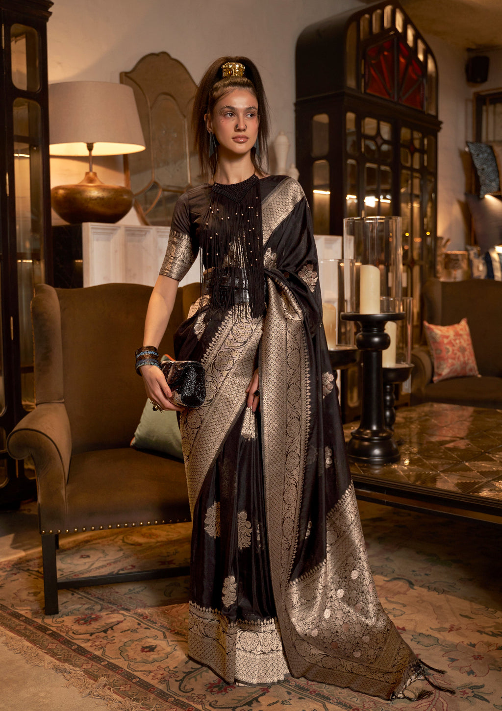 Monjolika Fashion Black Color Handloom Khadi Georgette Tradtional Saree