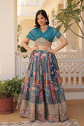 Vedant Vastram Digital Printed With Foil Embroidery Work Russian Silk Lehenga Choli With Blouse - Rama