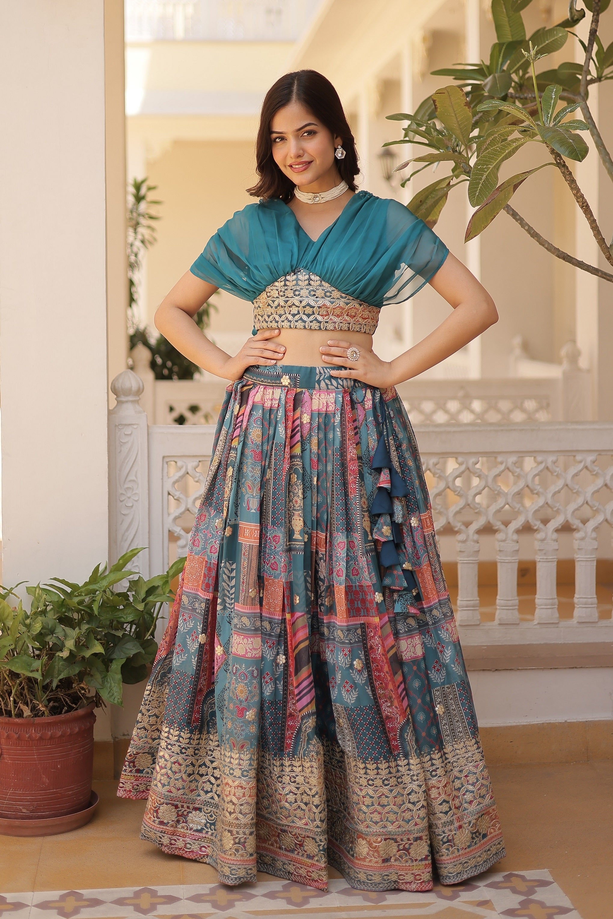 Vedant Vastram Digital Printed With Foil Embroidery Work Russian Silk Lehenga Choli With Blouse - Rama