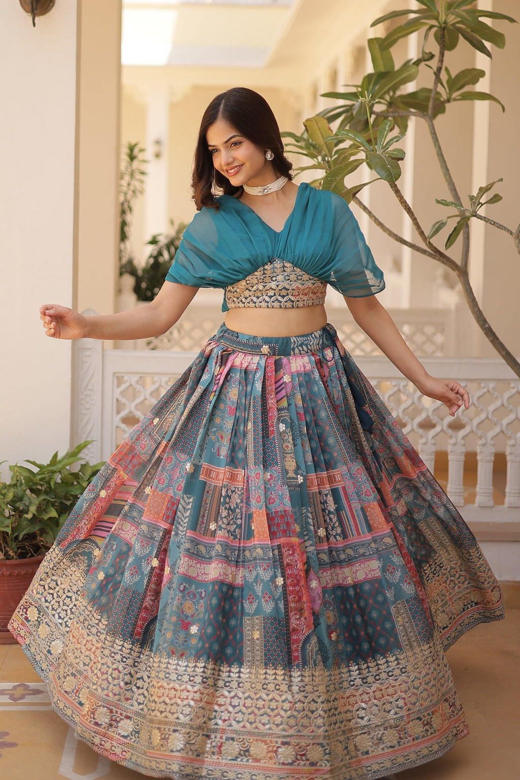 Vedant Vastram Digital Printed With Foil Embroidery Work Russian Silk Lehenga Choli With Blouse - Rama