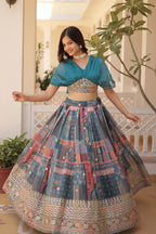 Vedant Vastram Digital Printed With Foil Embroidery Work Russian Silk Lehenga Choli With Blouse - Rama