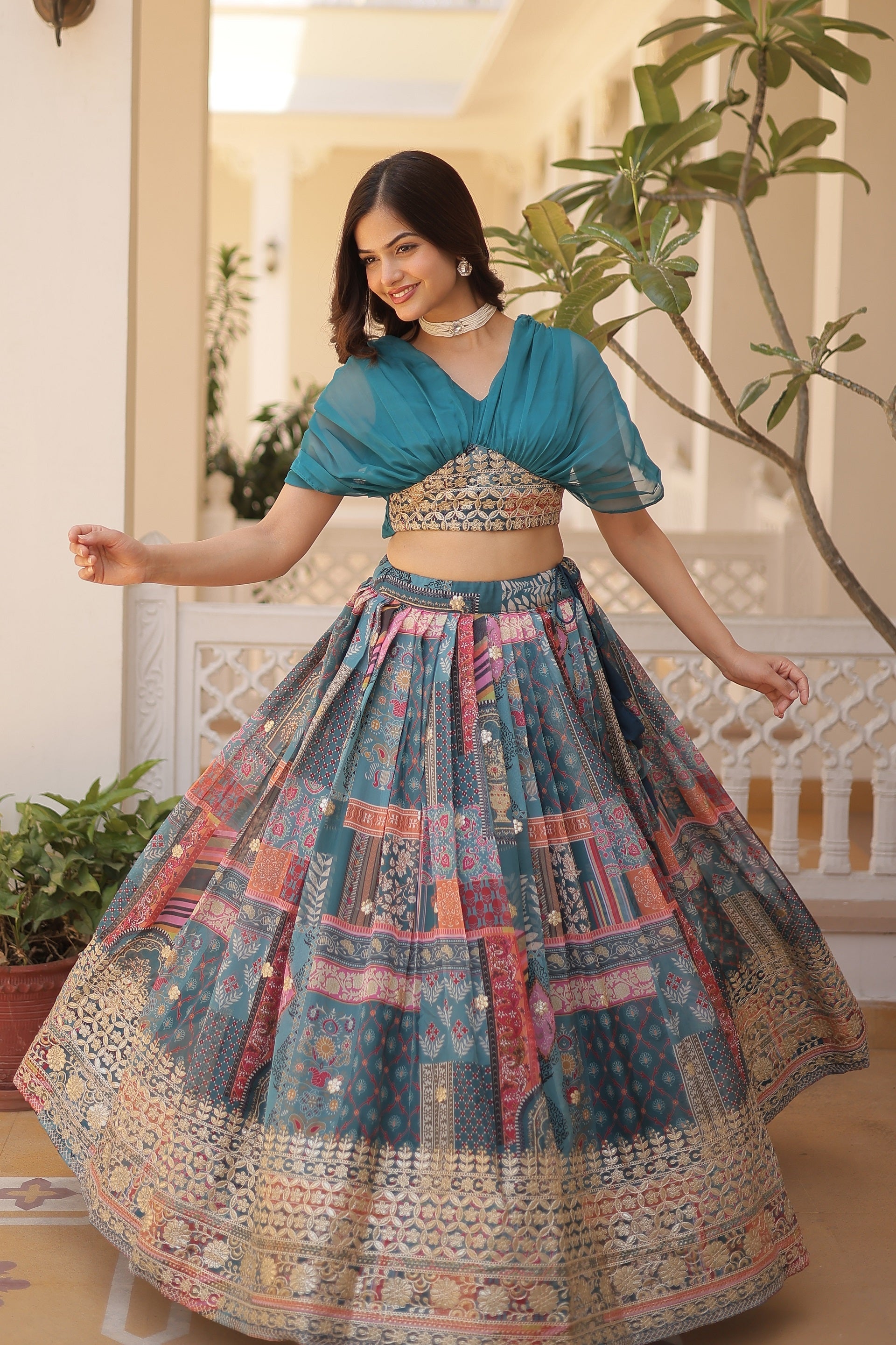 Vedant Vastram Digital Printed With Foil Embroidery Work Russian Silk Lehenga Choli With Blouse - Rama