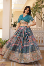 Vedant Vastram Digital Printed With Foil Embroidery Work Russian Silk Lehenga Choli With Blouse - Rama