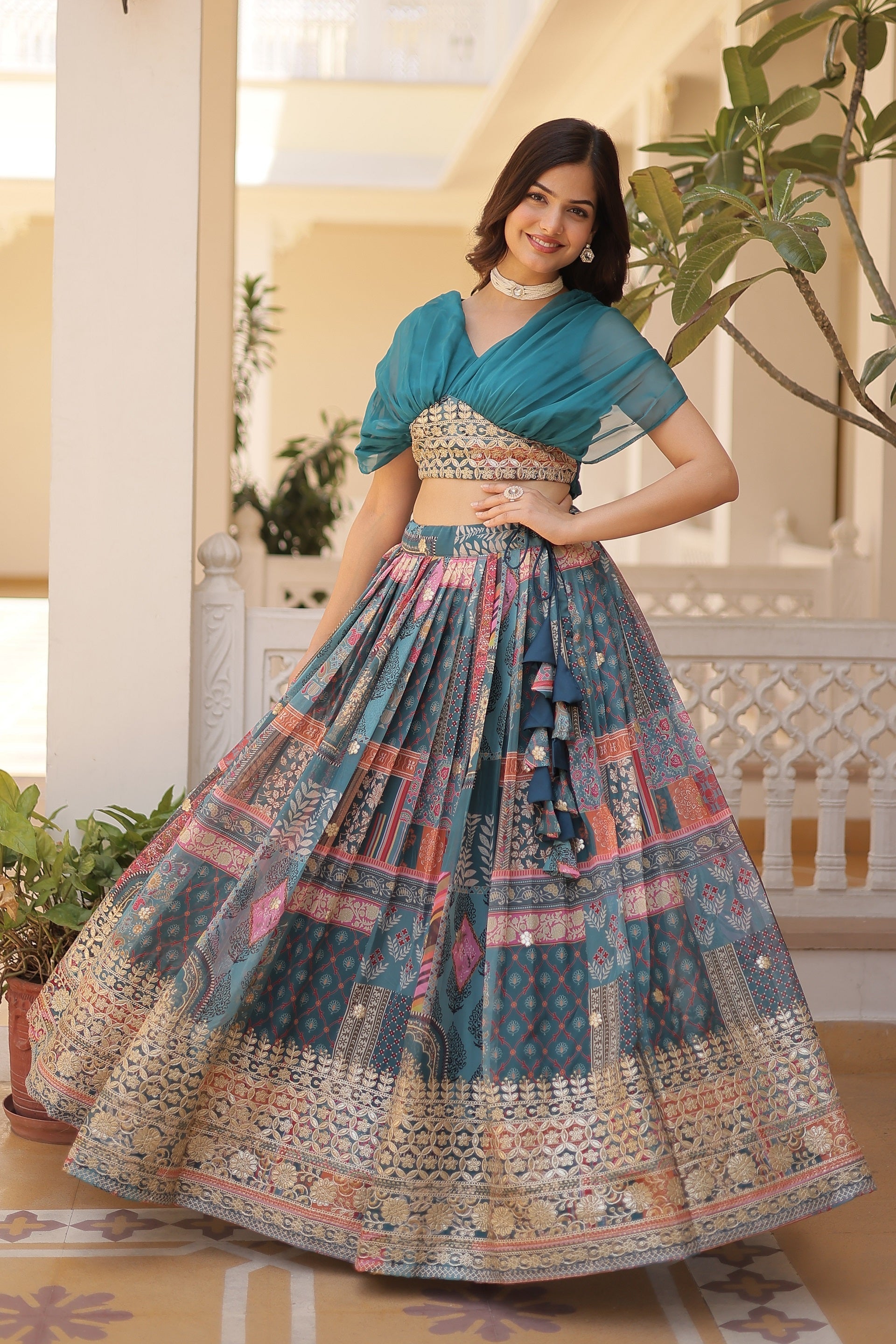 Vedant Vastram Digital Printed With Foil Embroidery Work Russian Silk Lehenga Choli With Blouse - Rama