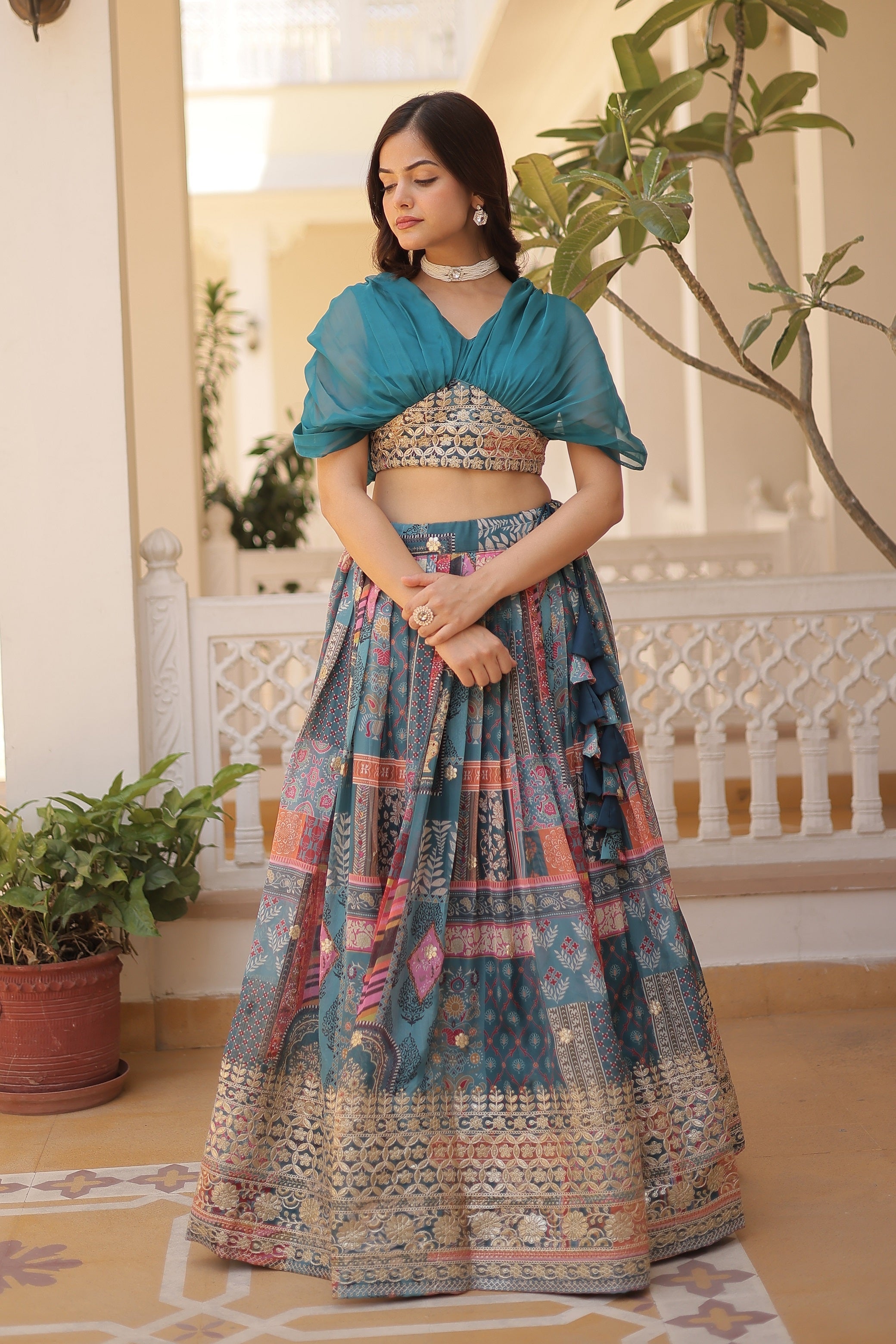 Vedant Vastram Digital Printed With Foil Embroidery Work Russian Silk Lehenga Choli With Blouse - Rama