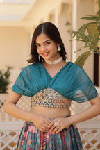Vedant Vastram Digital Printed With Foil Embroidery Work Russian Silk Lehenga Choli With Blouse - Rama