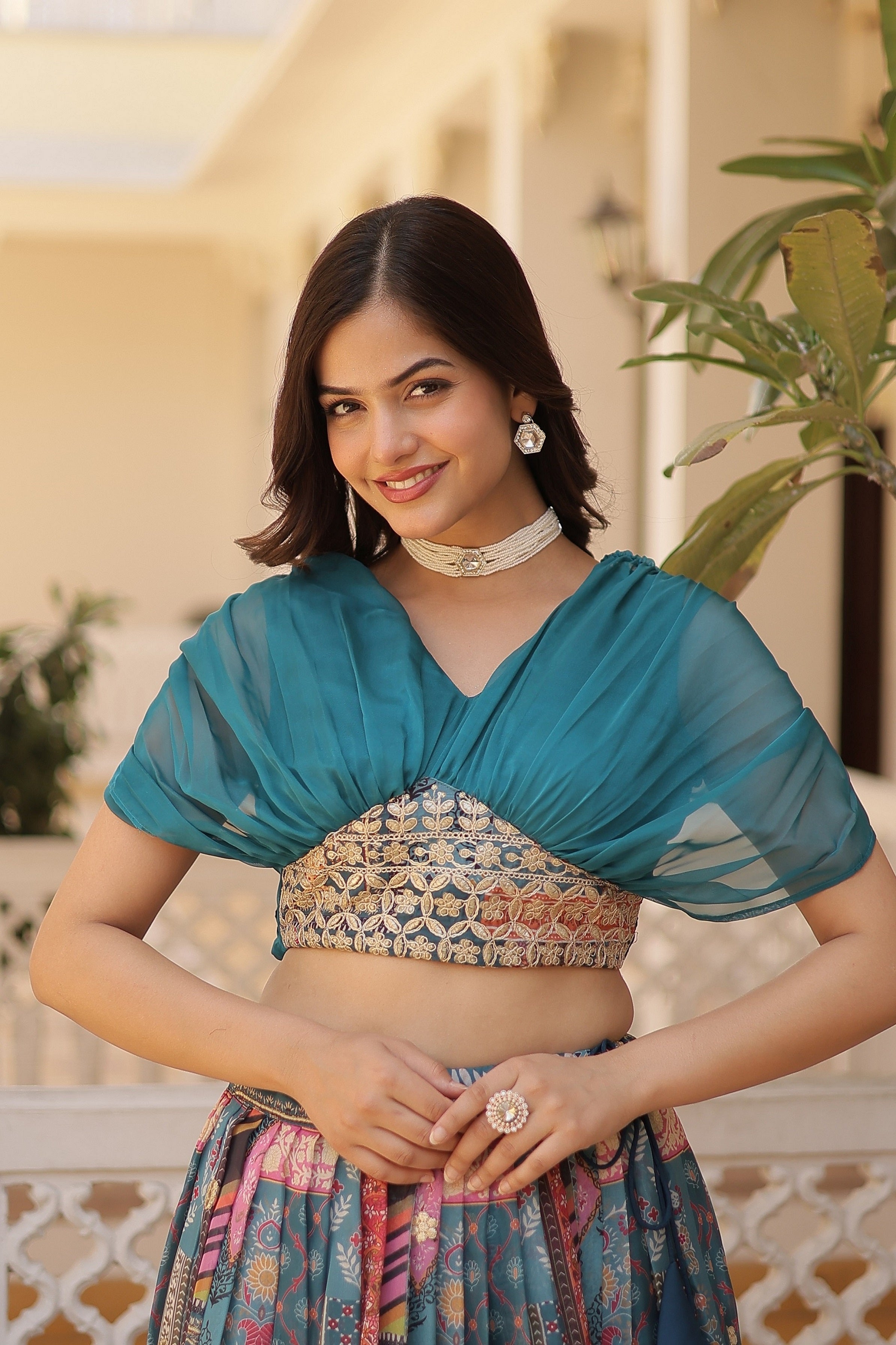Vedant Vastram Digital Printed With Foil Embroidery Work Russian Silk Lehenga Choli With Blouse - Rama