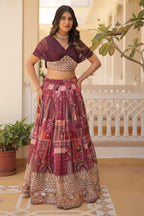Vedant Vastram Digital Printed With Foil Embroidery Work Russian Silk Lehenga Choli With Blouse - Wine