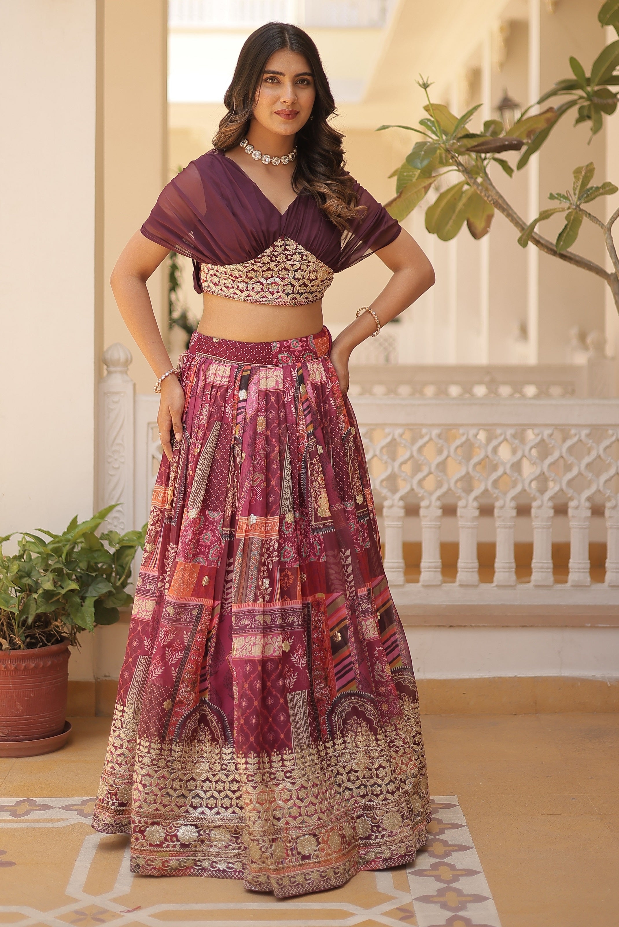 Vedant Vastram Digital Printed With Foil Embroidery Work Russian Silk Lehenga Choli With Blouse - Wine