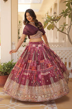 Vedant Vastram Digital Printed With Foil Embroidery Work Russian Silk Lehenga Choli With Blouse - Wine