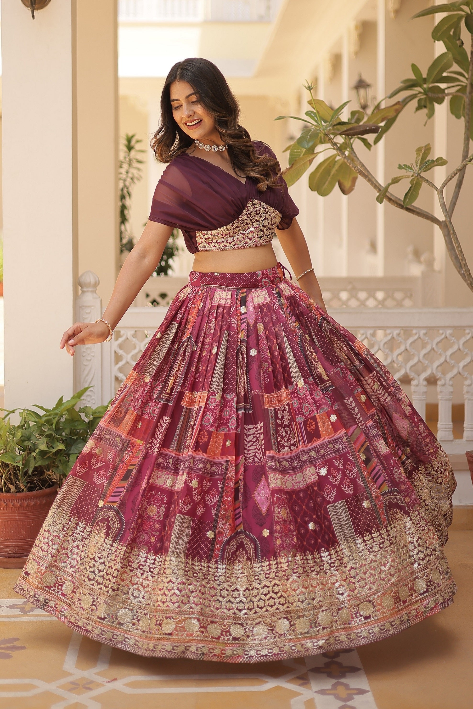 Vedant Vastram Digital Printed With Foil Embroidery Work Russian Silk Lehenga Choli With Blouse - Wine