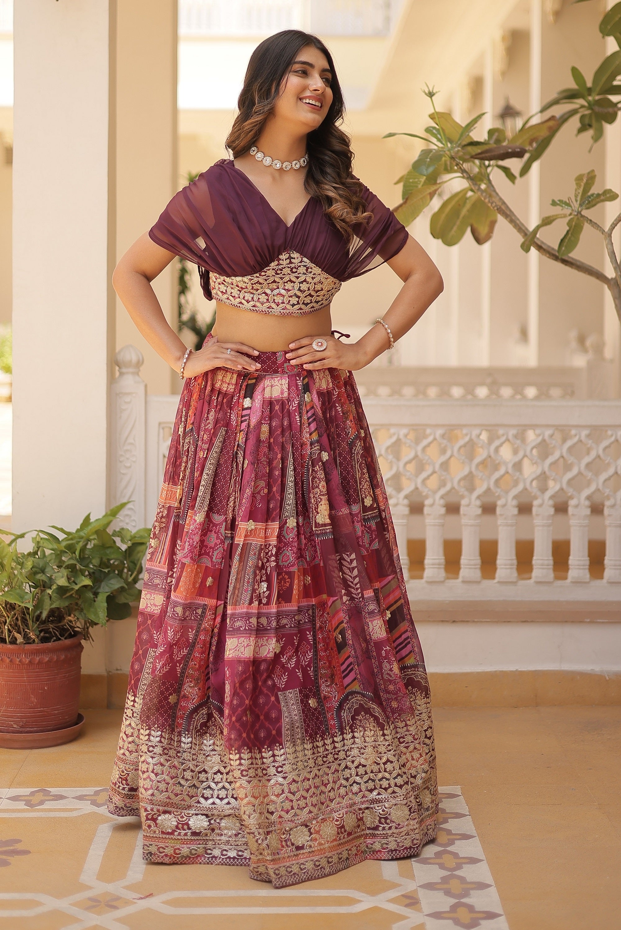 Vedant Vastram Digital Printed With Foil Embroidery Work Russian Silk Lehenga Choli With Blouse - Wine