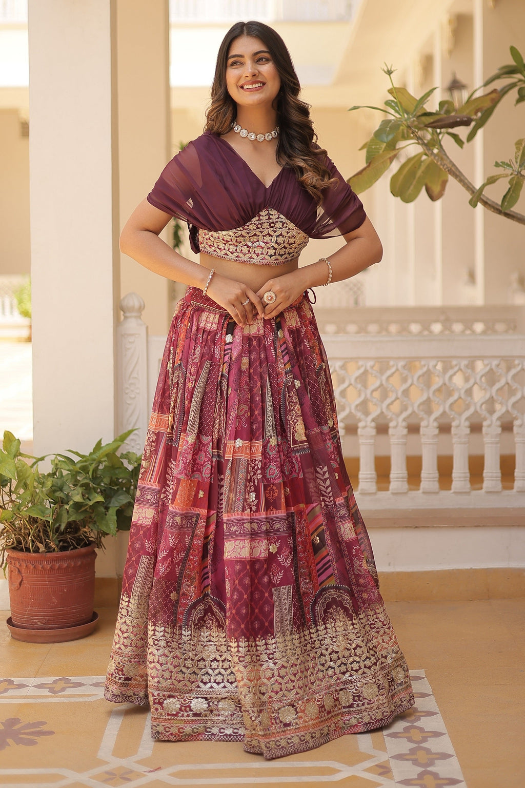Vedant Vastram Digital Printed With Foil Embroidery Work Russian Silk Lehenga Choli With Blouse - Wine