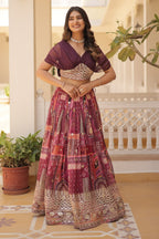 Vedant Vastram Digital Printed With Foil Embroidery Work Russian Silk Lehenga Choli With Blouse - Wine