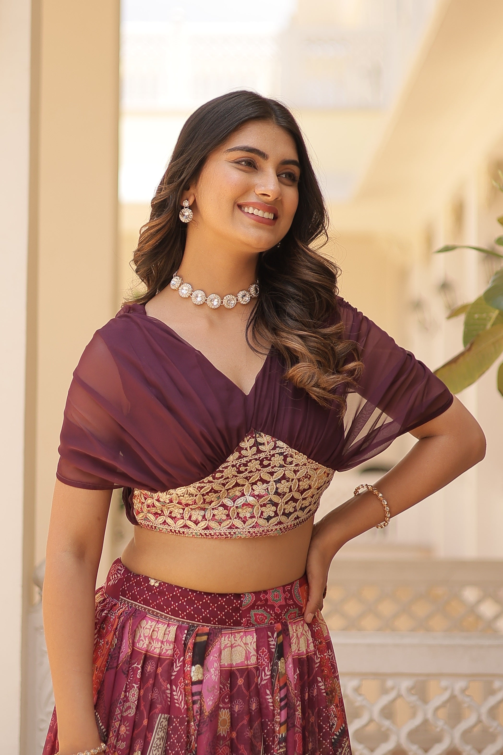Vedant Vastram Digital Printed With Foil Embroidery Work Russian Silk Lehenga Choli With Blouse - Wine