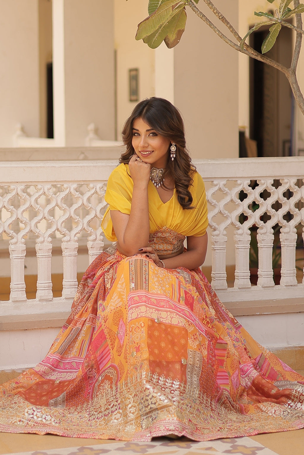 Vedant Vastram Digital Printed With Foil Embroidery Work Russian Silk Lehenga Choli With Blouse - Yellow