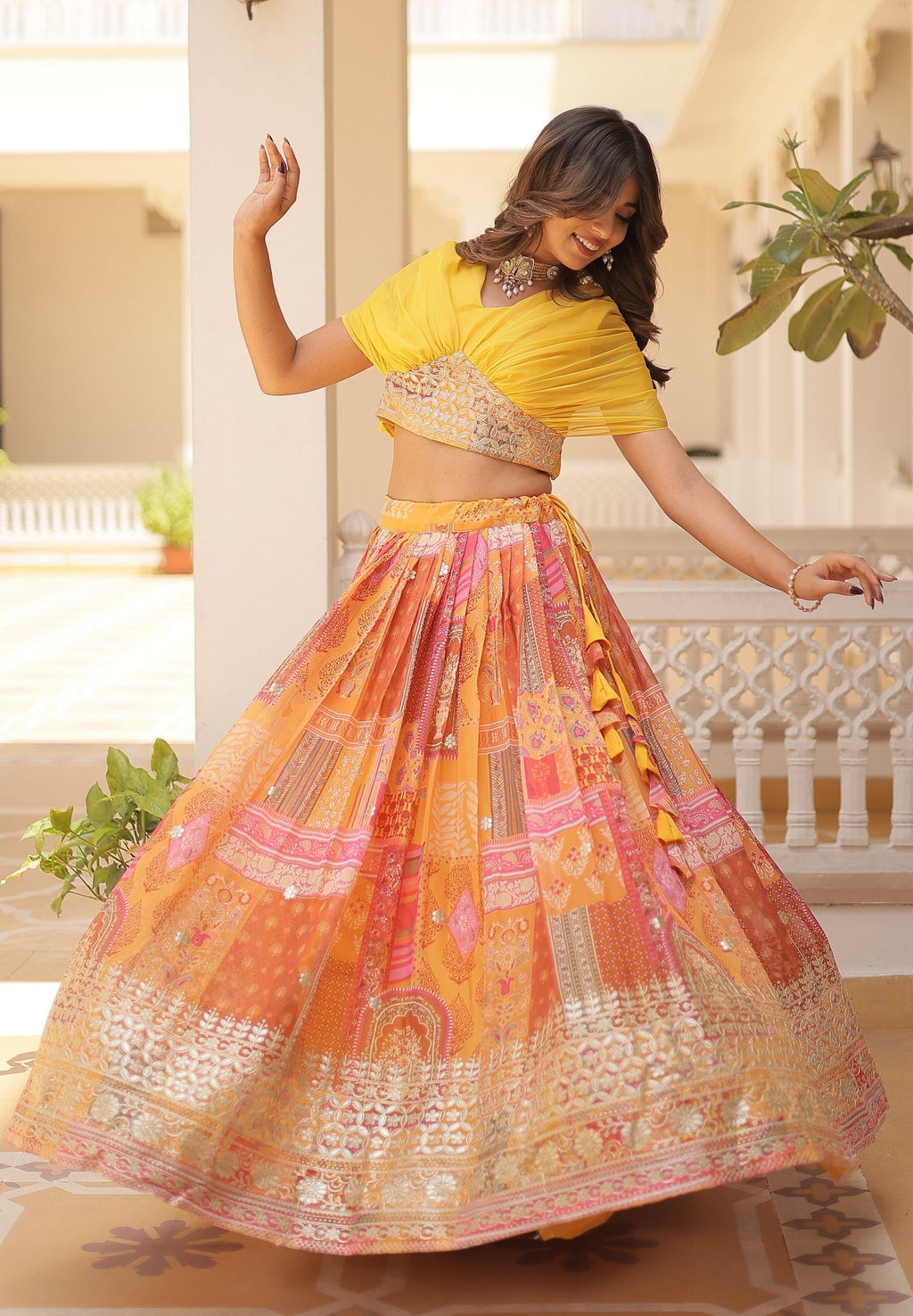 Vedant Vastram Digital Printed With Foil Embroidery Work Russian Silk Lehenga Choli With Blouse - Yellow