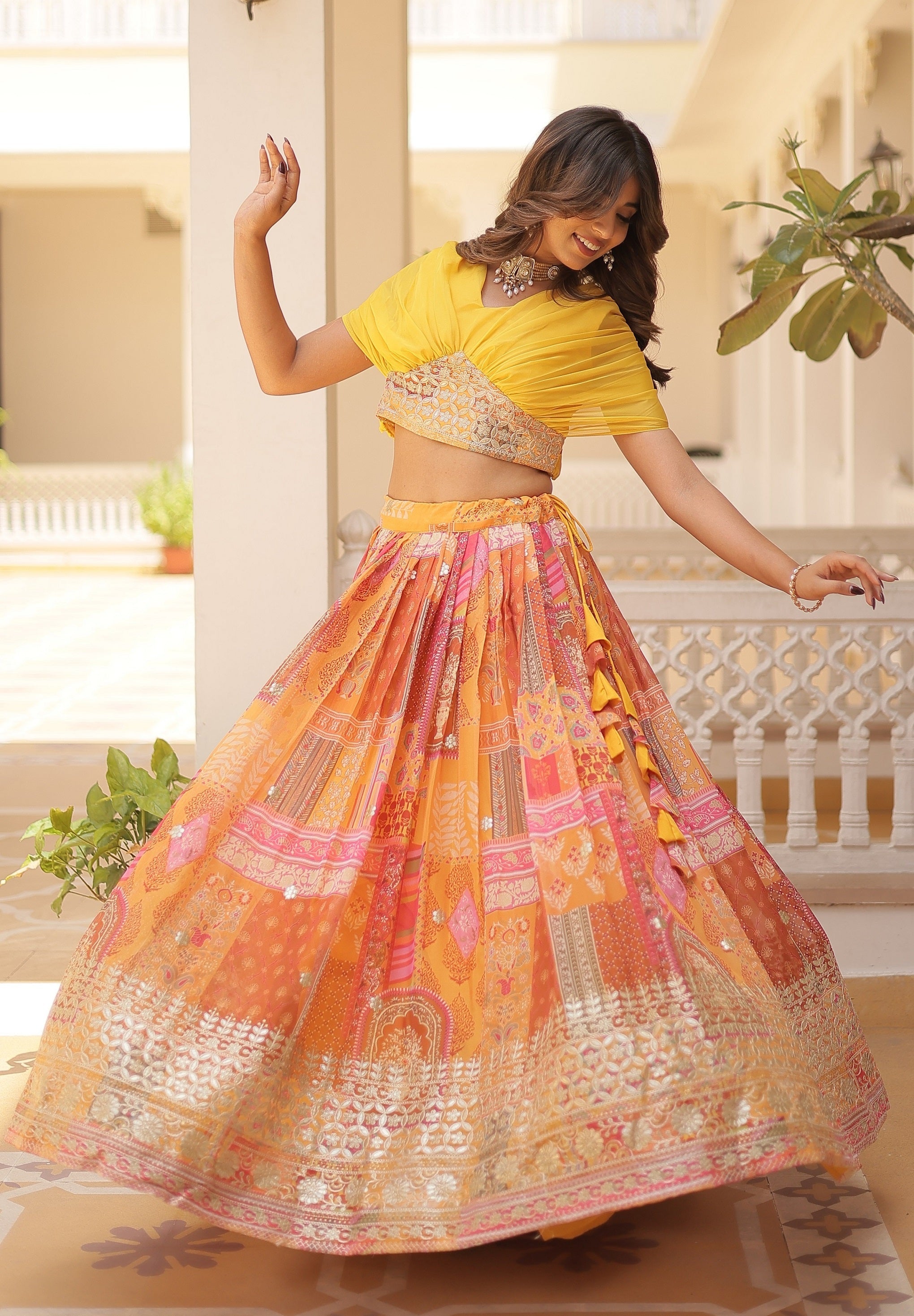 Vedant Vastram Digital Printed With Foil Embroidery Work Russian Silk Lehenga Choli With Blouse - Yellow