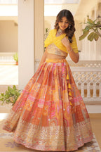 Vedant Vastram Digital Printed With Foil Embroidery Work Russian Silk Lehenga Choli With Blouse - Yellow