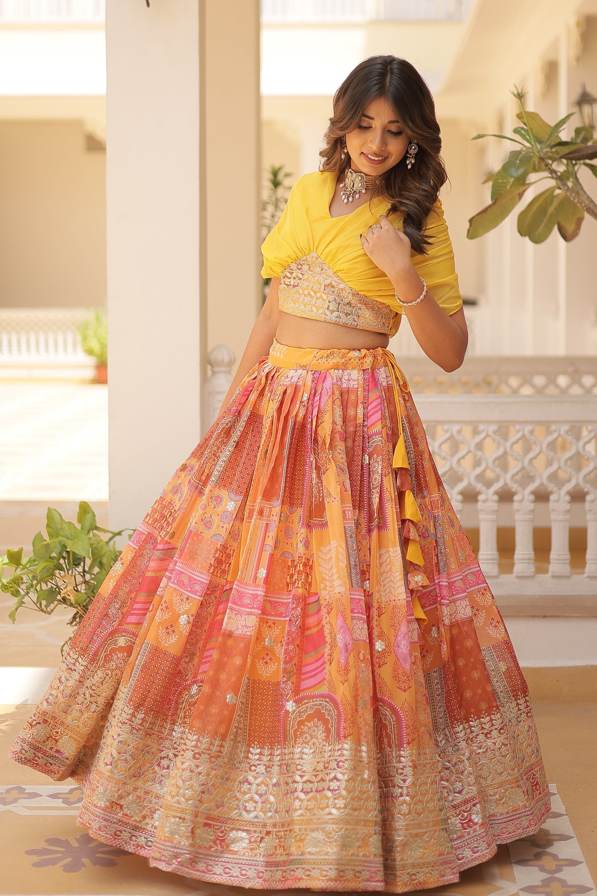 Vedant Vastram Digital Printed With Foil Embroidery Work Russian Silk Lehenga Choli With Blouse - Yellow