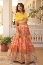 Vedant Vastram Digital Printed With Foil Embroidery Work Russian Silk Lehenga Choli With Blouse - Yellow