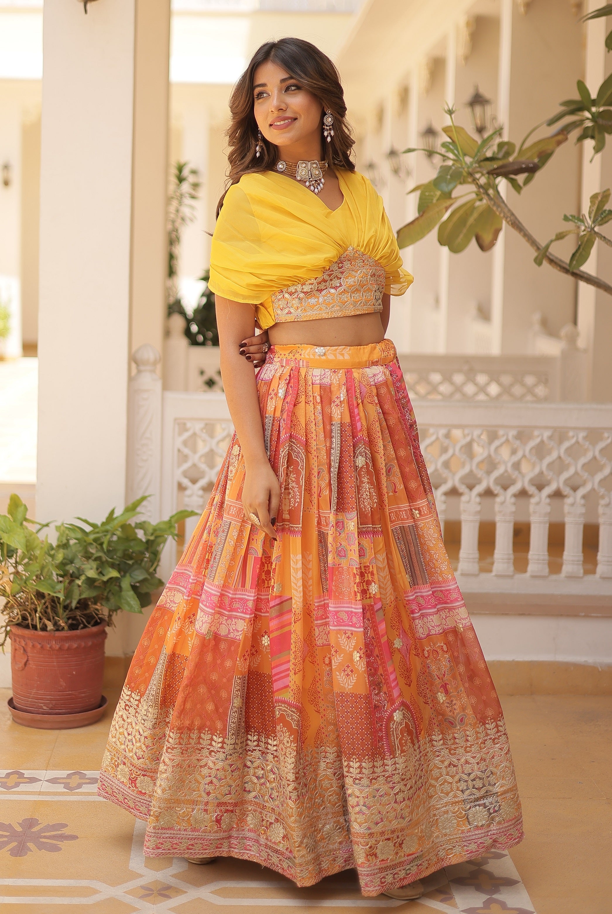 Vedant Vastram Digital Printed With Foil Embroidery Work Russian Silk Lehenga Choli With Blouse - Yellow
