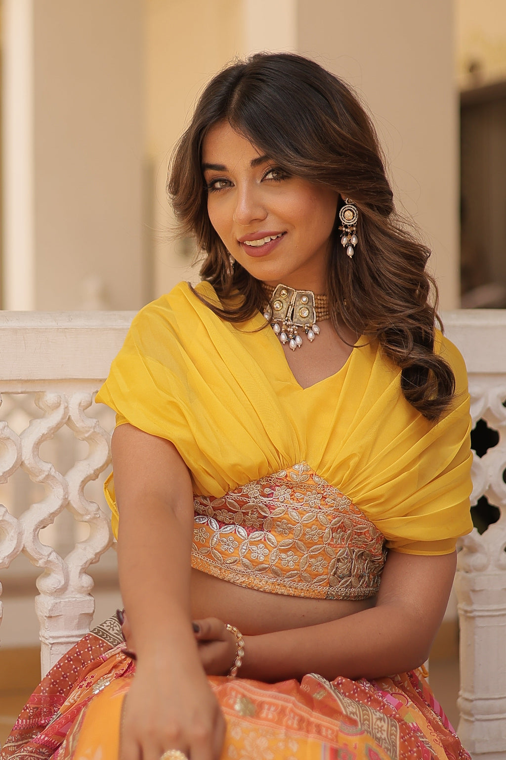 Vedant Vastram Digital Printed With Foil Embroidery Work Russian Silk Lehenga Choli With Blouse - Yellow