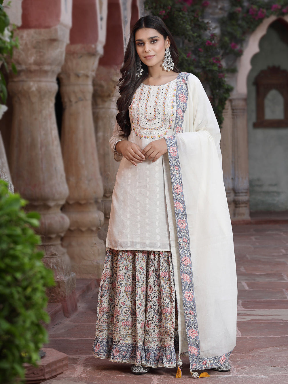 Juniper Women`s White Cotton Embroidered Straight Kurta Sharara Dupatta Set - Distacart