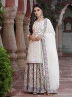 Juniper Women`s White Cotton Embroidered Straight Kurta Sharara Dupatta Set - Distacart