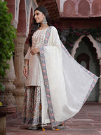 Juniper Women`s White Cotton Embroidered Straight Kurta Sharara Dupatta Set - Distacart