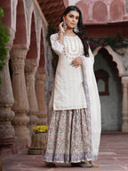 Juniper Women`s White Cotton Embroidered Straight Kurta Sharara Dupatta Set - Distacart