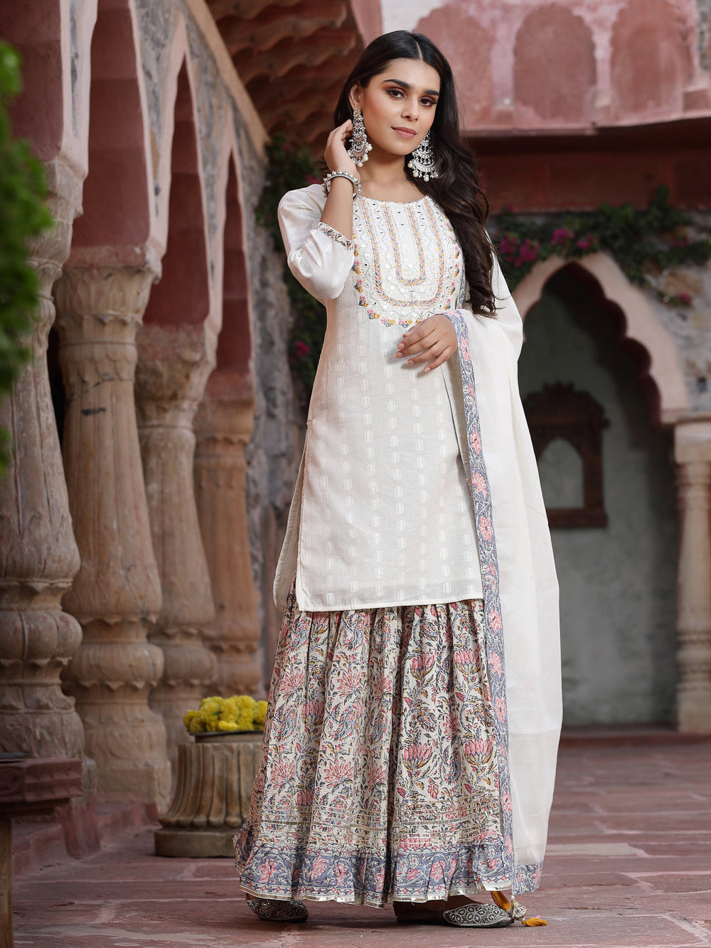 Juniper Women`s White Cotton Embroidered Straight Kurta Sharara Dupatta Set - Distacart