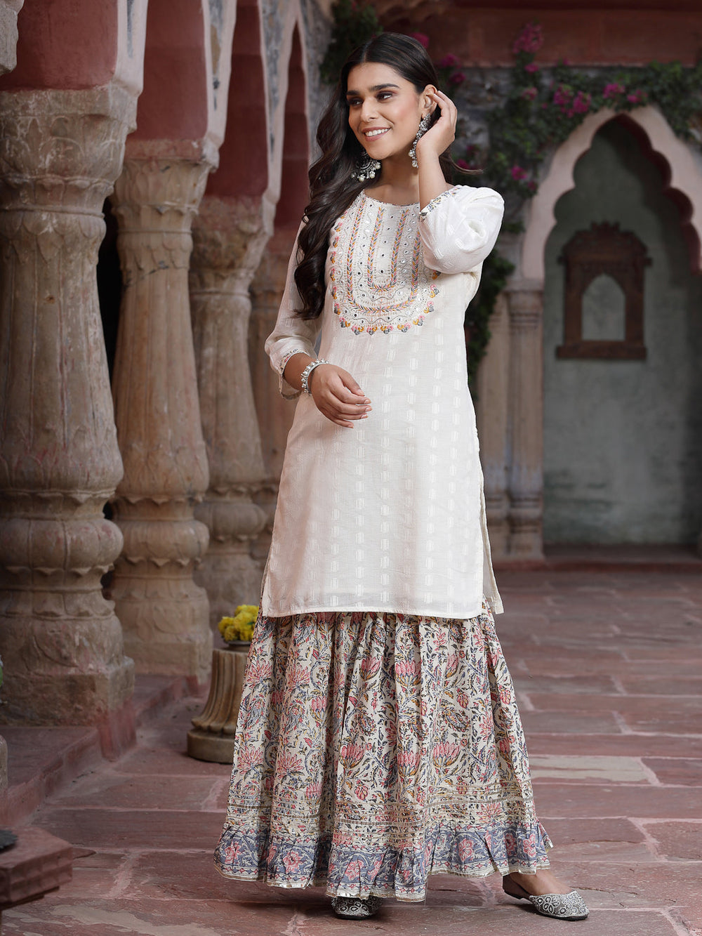 Juniper Women`s White Cotton Embroidered Straight Kurta Sharara Dupatta Set - Distacart
