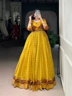 Lorenvalley Fashion Mustard Viscose Chanderi Printed With Zari Weaving Work Gown with Koti - Distacart