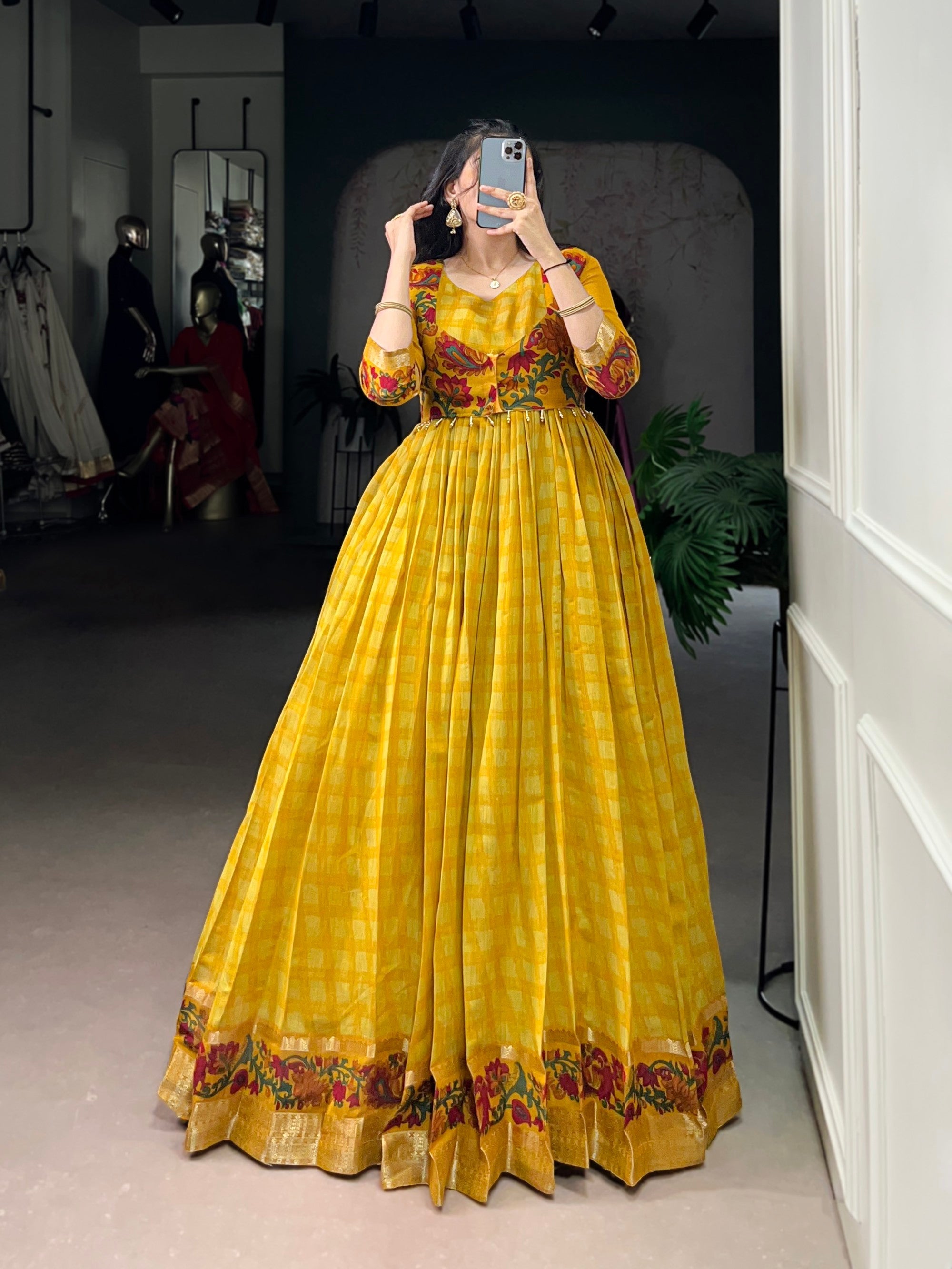 Lorenvalley Fashion Mustard Viscose Chanderi Printed With Zari Weaving Work Gown with Koti - Distacart