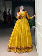 Lorenvalley Fashion Mustard Viscose Chanderi Printed With Zari Weaving Work Gown with Koti - Distacart