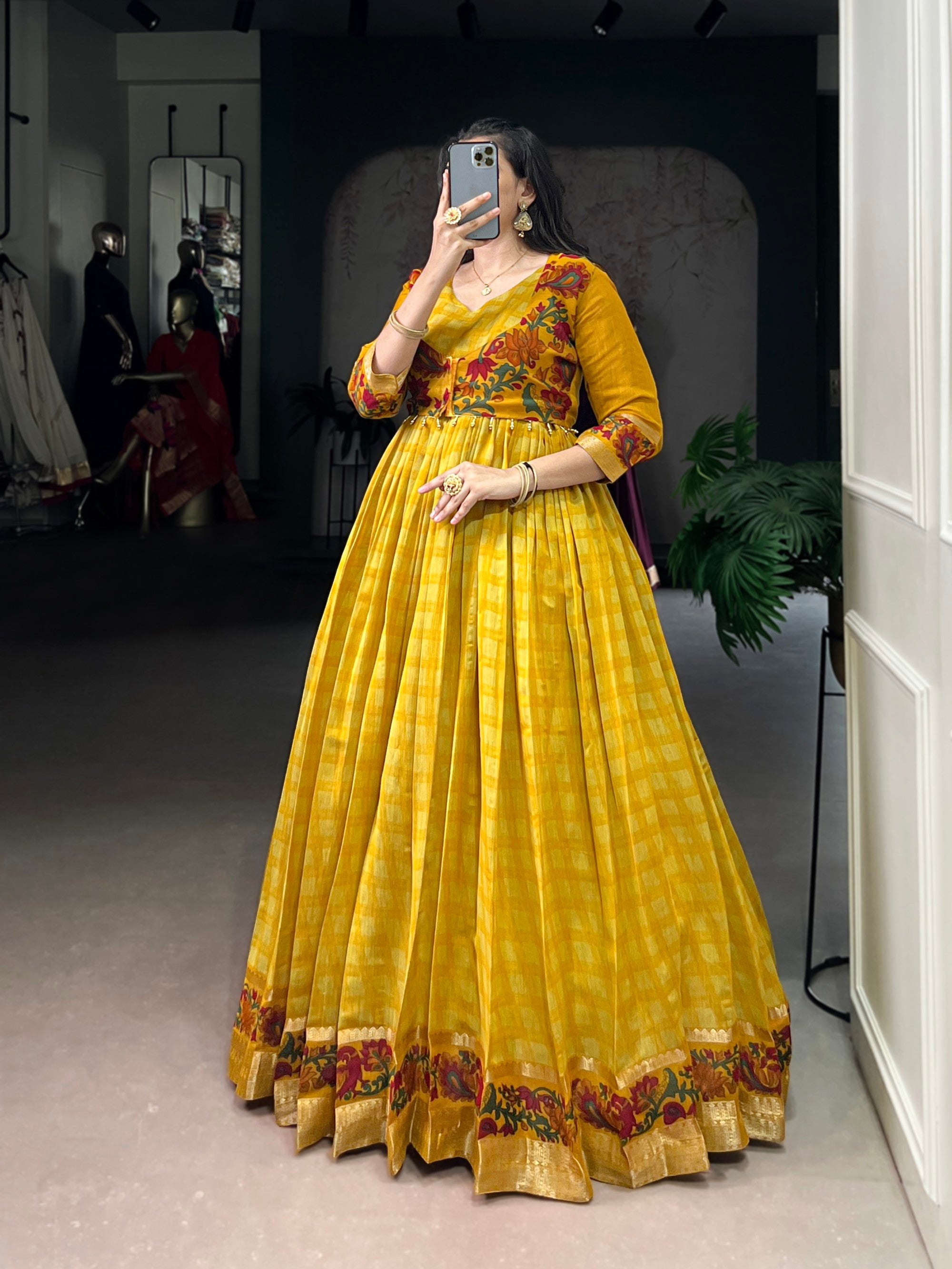 Lorenvalley Fashion Mustard Viscose Chanderi Printed With Zari Weaving Work Gown with Koti - Distacart