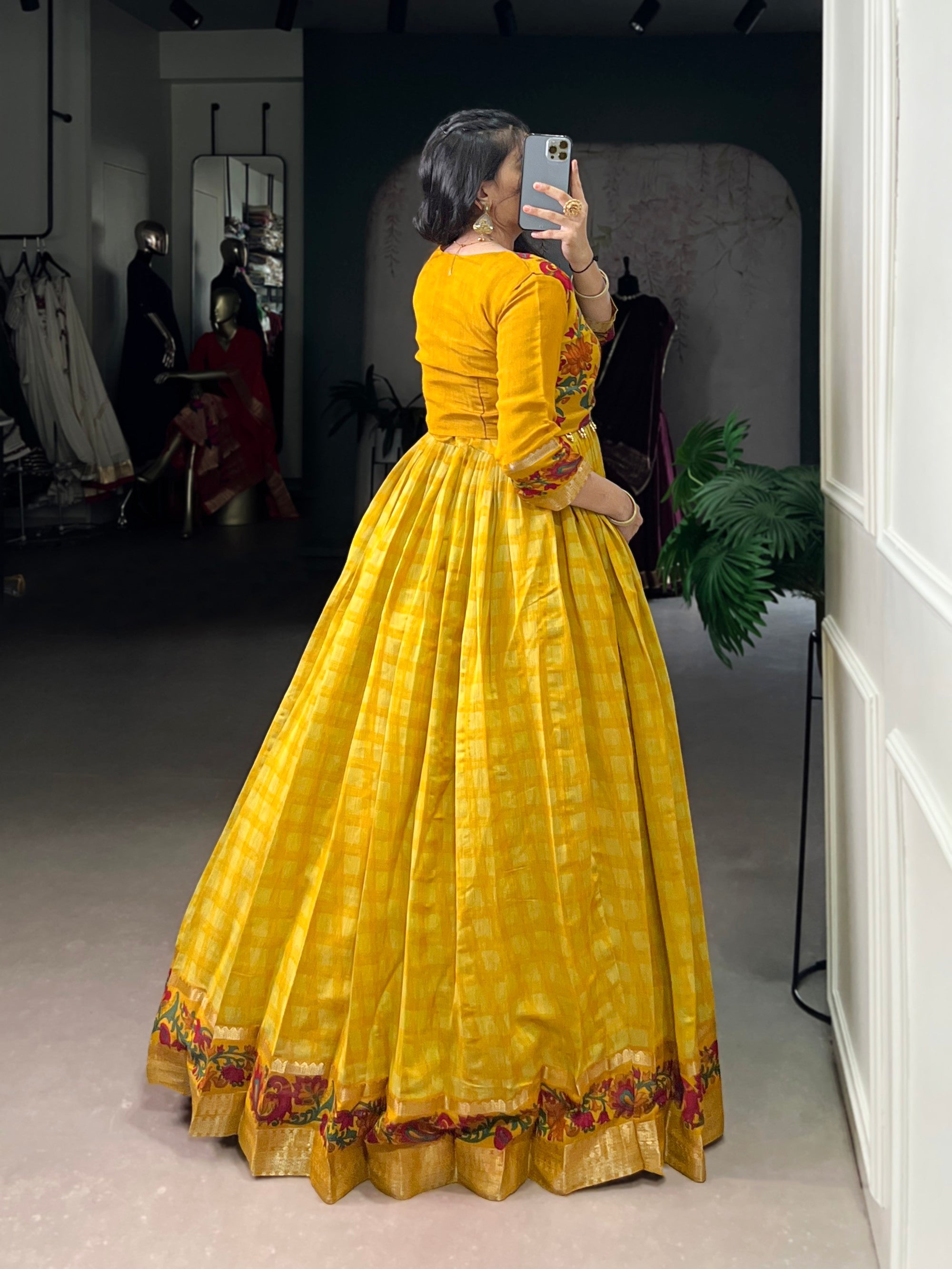 Lorenvalley Fashion Mustard Viscose Chanderi Printed With Zari Weaving Work Gown with Koti - Distacart