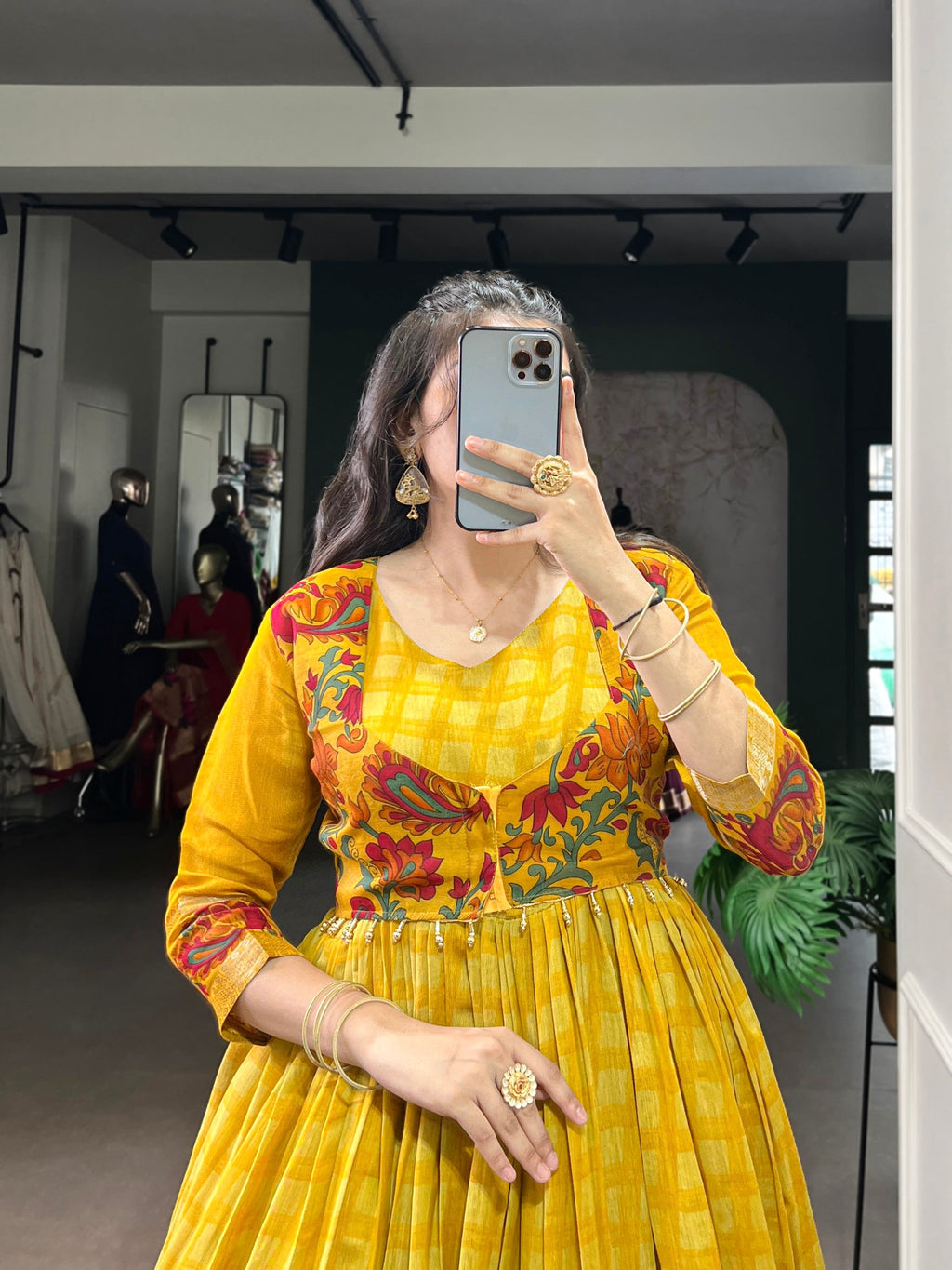 Lorenvalley Fashion Mustard Viscose Chanderi Printed With Zari Weaving Work Gown with Koti - Distacart