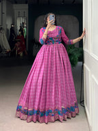 Lorenvalley Fashion Pink Viscose Chanderi Printed With Zari Weaving Work Gown with Koti - Distacart