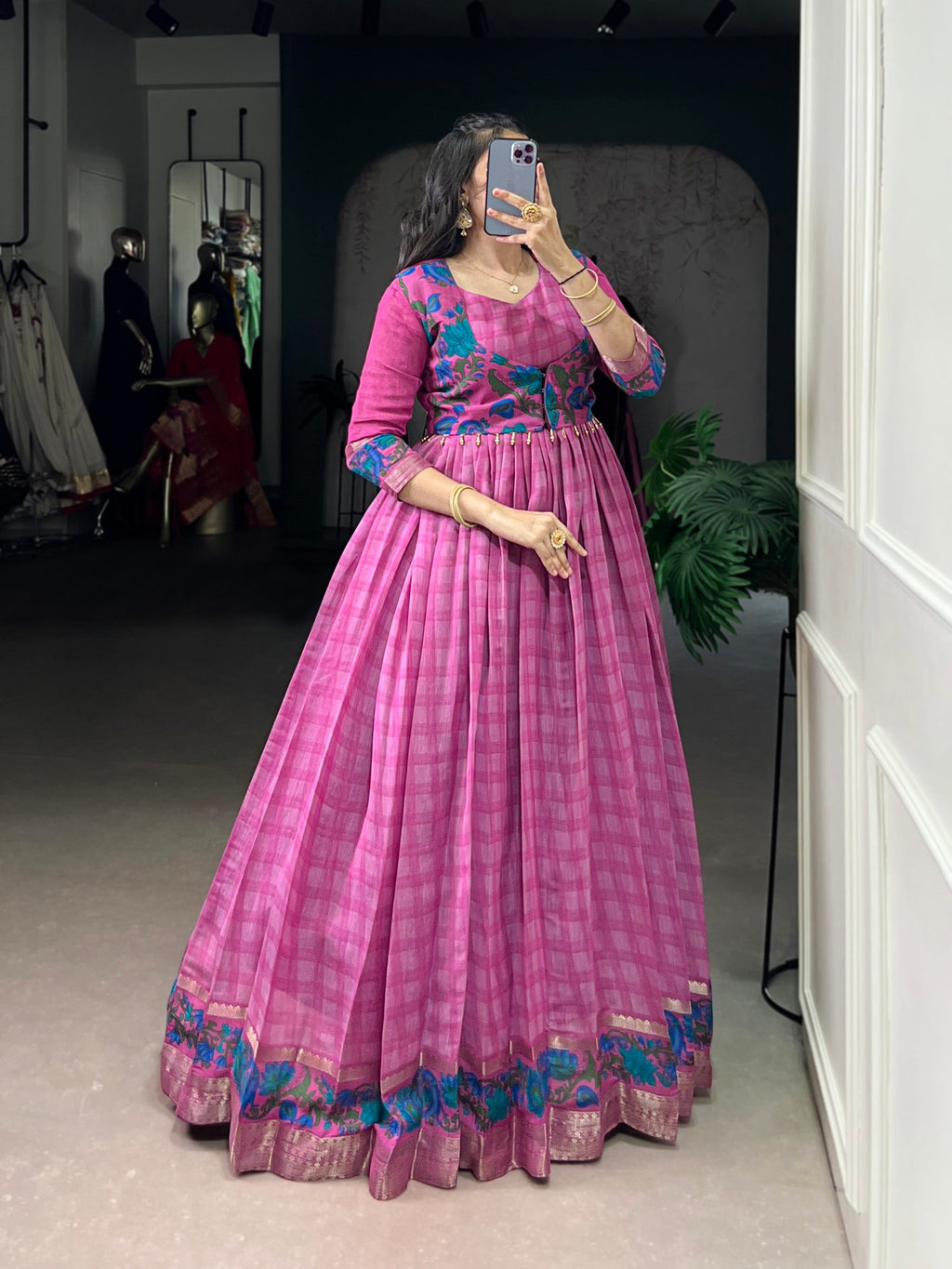 Lorenvalley Fashion Pink Viscose Chanderi Printed With Zari Weaving Work Gown with Koti - Distacart
