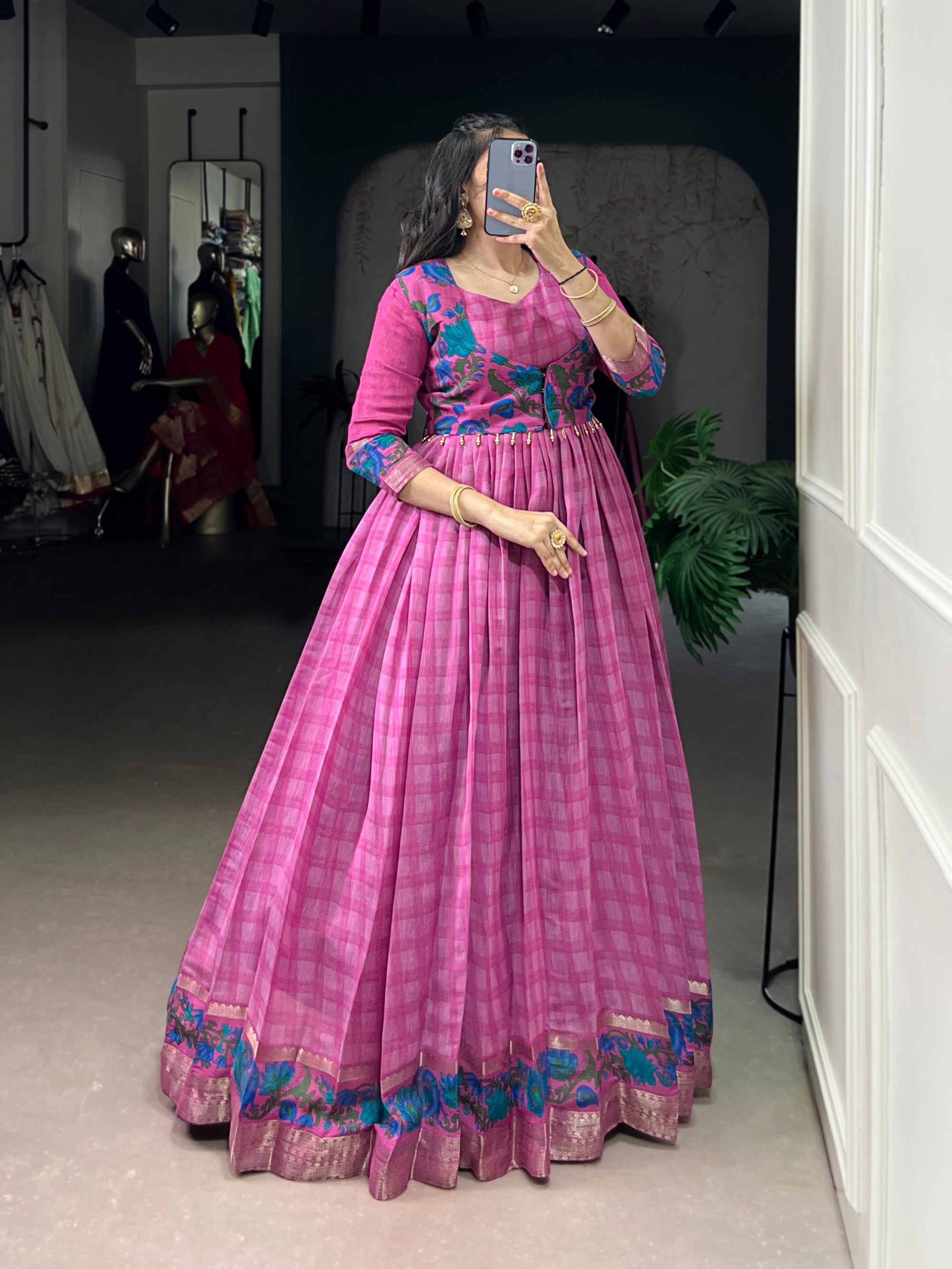 Lorenvalley Fashion Pink Viscose Chanderi Printed With Zari Weaving Work Gown with Koti - Distacart