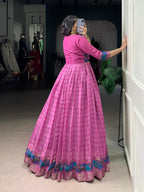 Lorenvalley Fashion Pink Viscose Chanderi Printed With Zari Weaving Work Gown with Koti - Distacart